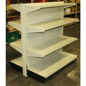 New Gondola Shelving Double Side Adder Unit: Size 48″W X 52″H with 18″ base, two 16″ shelves and one 12″ uper shelves both sides