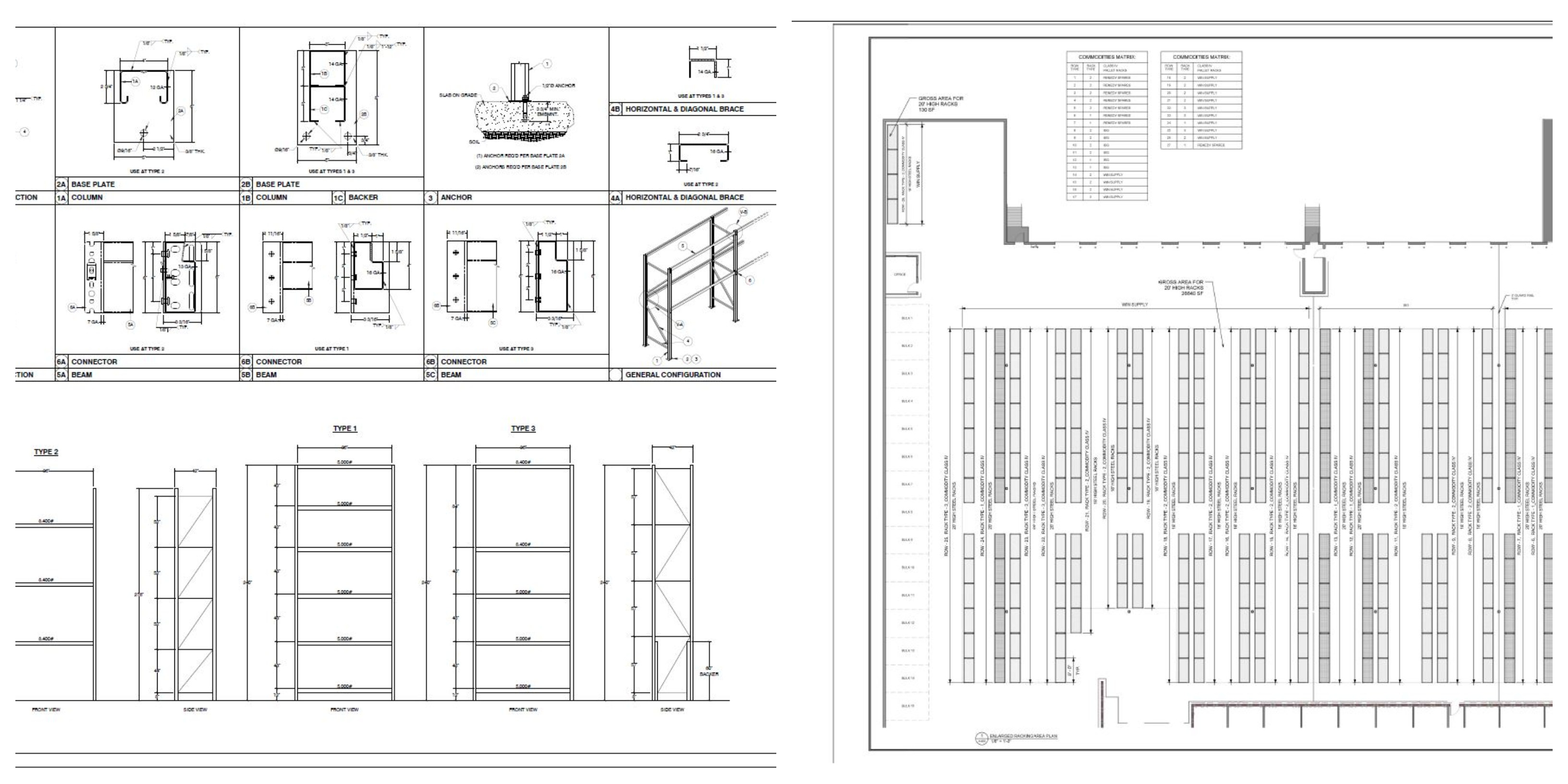 Warehouse rack layout and design planning drawings for a distribution facility